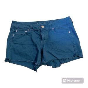 American Eagle, Size 10, Green/blue distressed denim shorts